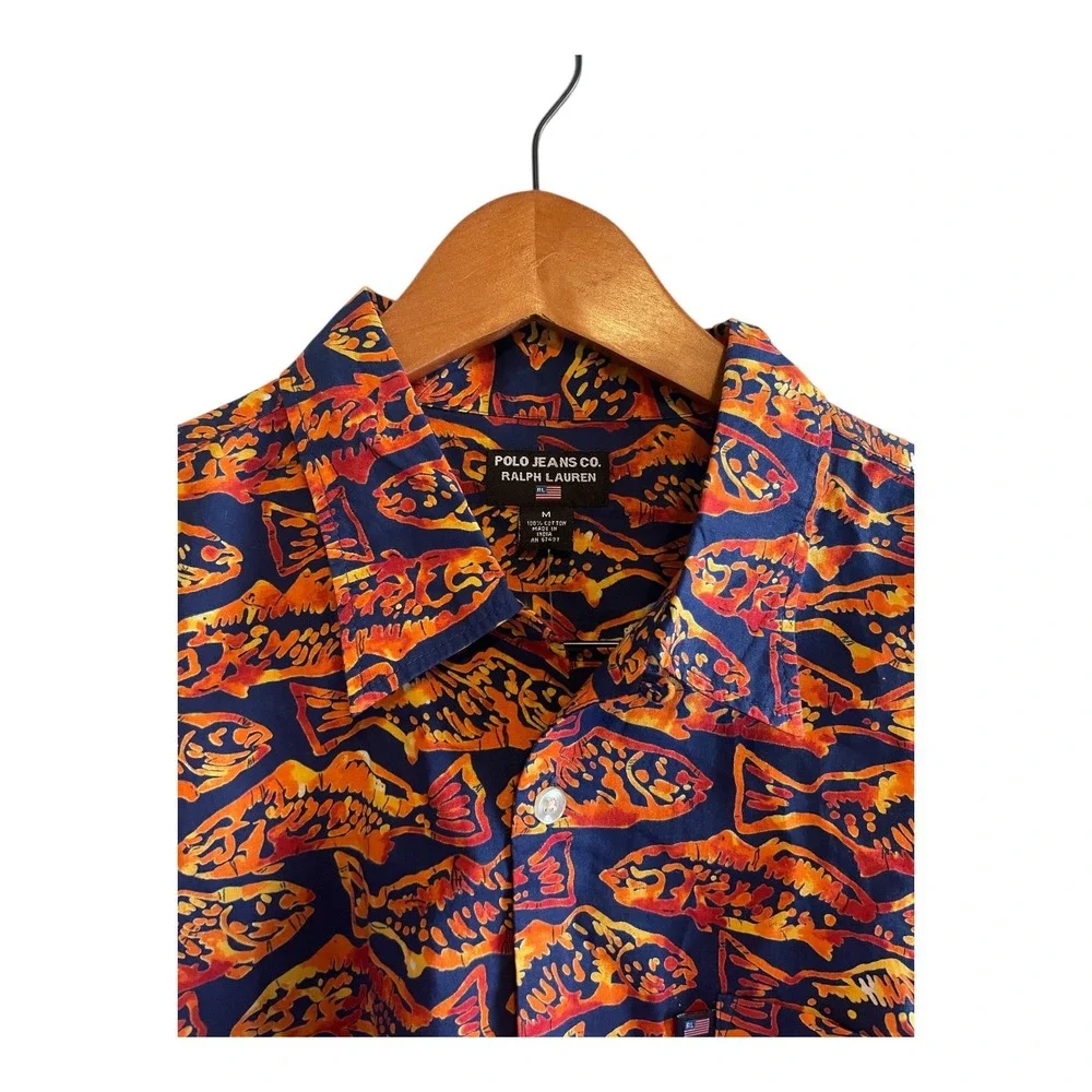 Ralph Lauren Loop Collar Camp Shirt Men's Medium Fish Print Polo Jeans NWT - Picture 2 of 4